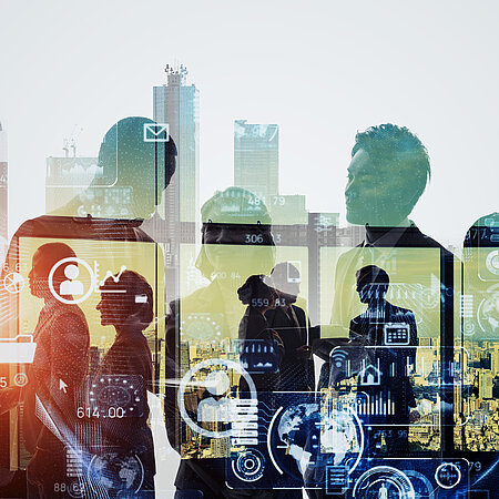 „Silhouetten von Menschen vor einer urbanen Kulisse mit überlagerten digitalen Symbolen wie E-Mail-Icons, Zahnrädern und Diagrammen – Darstellung von technologischer Vernetzung und moderner Zusammenarbeit in städtischer Umgebung.“