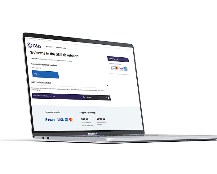 Mockup: GSIS 2026 Ticketshop on a MacBook Pro